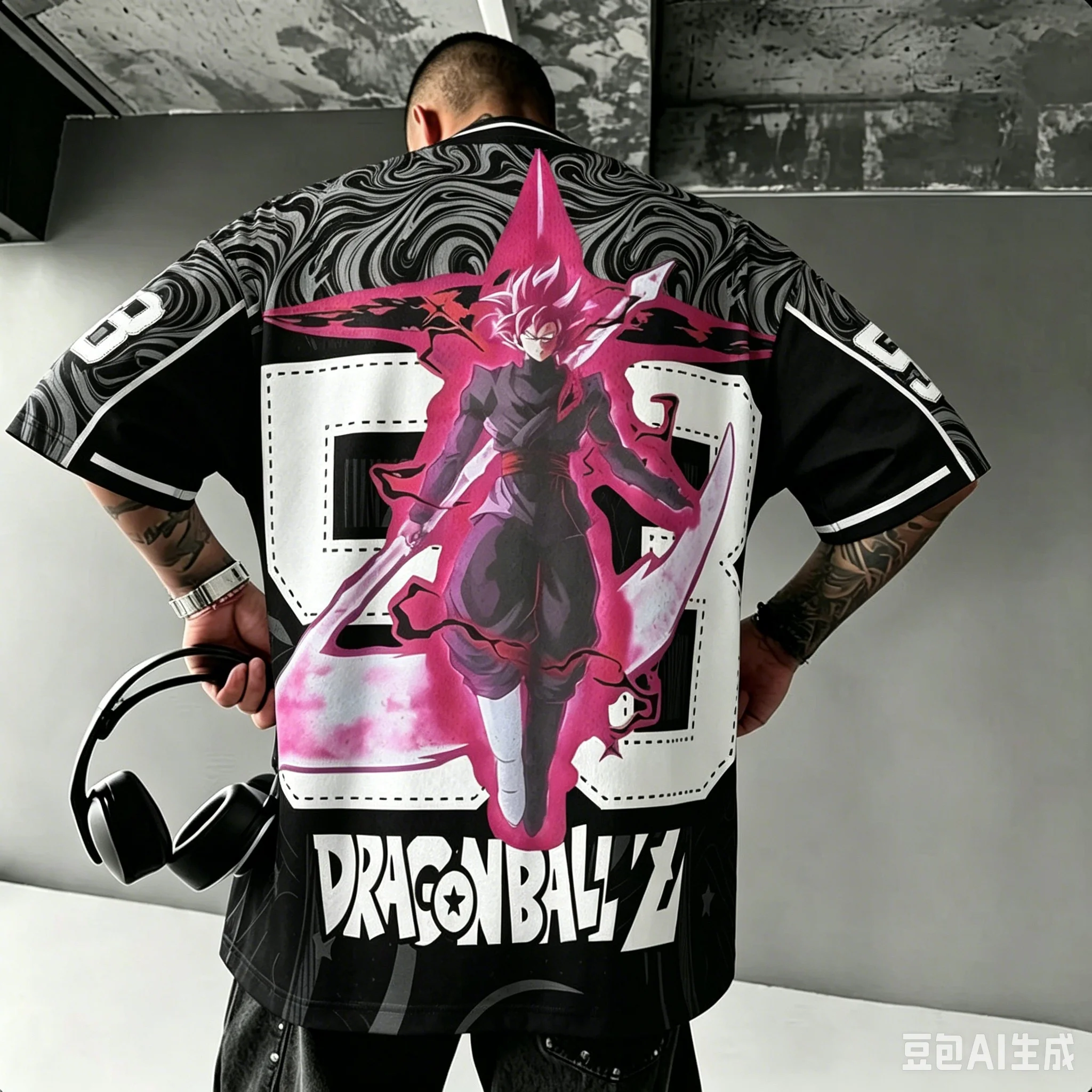 New Men Dragon Ball Black Goku Rose Graphic T-Shirt 23 Number Full Back Print Oversized Short Sleeve Quick Dry Mesh Anime Jersey - view 2