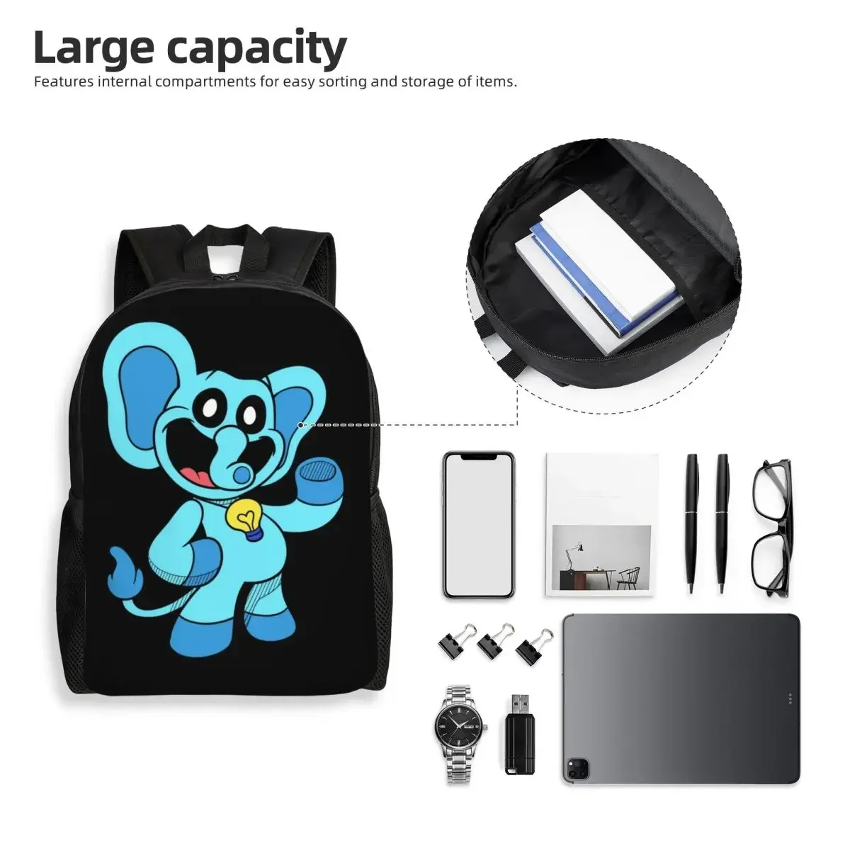 Custom Smiling Big Mouth Elephant Critters Travel Backpack Women Men School Laptop Bookbag Game College Student Daypack Bags