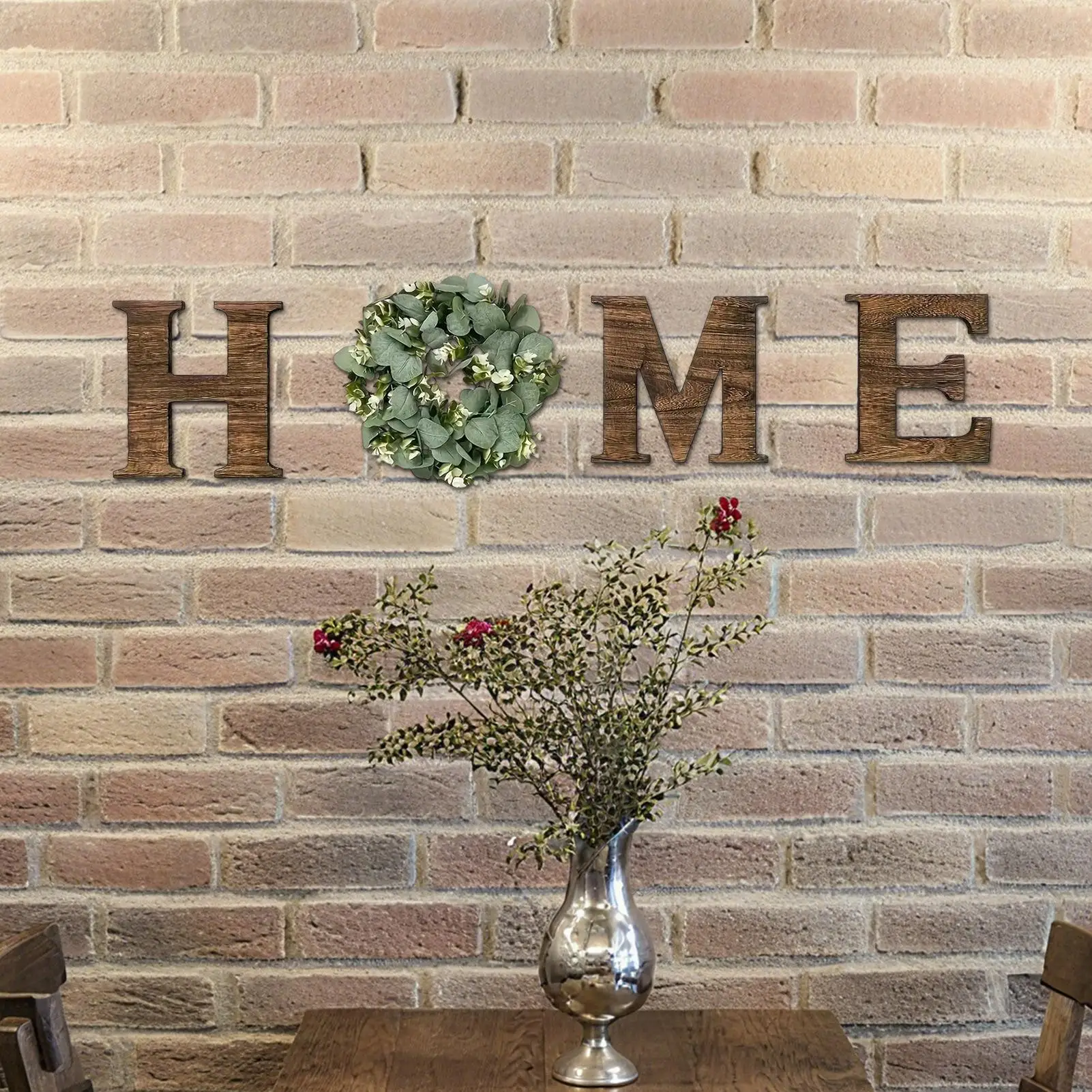 Panneau mural avec lettres en bois, décor rustique avec couronne d'eucalyptus artificielle, pour salon, cuisine, entrée, pendaison de crémaillère, mariage