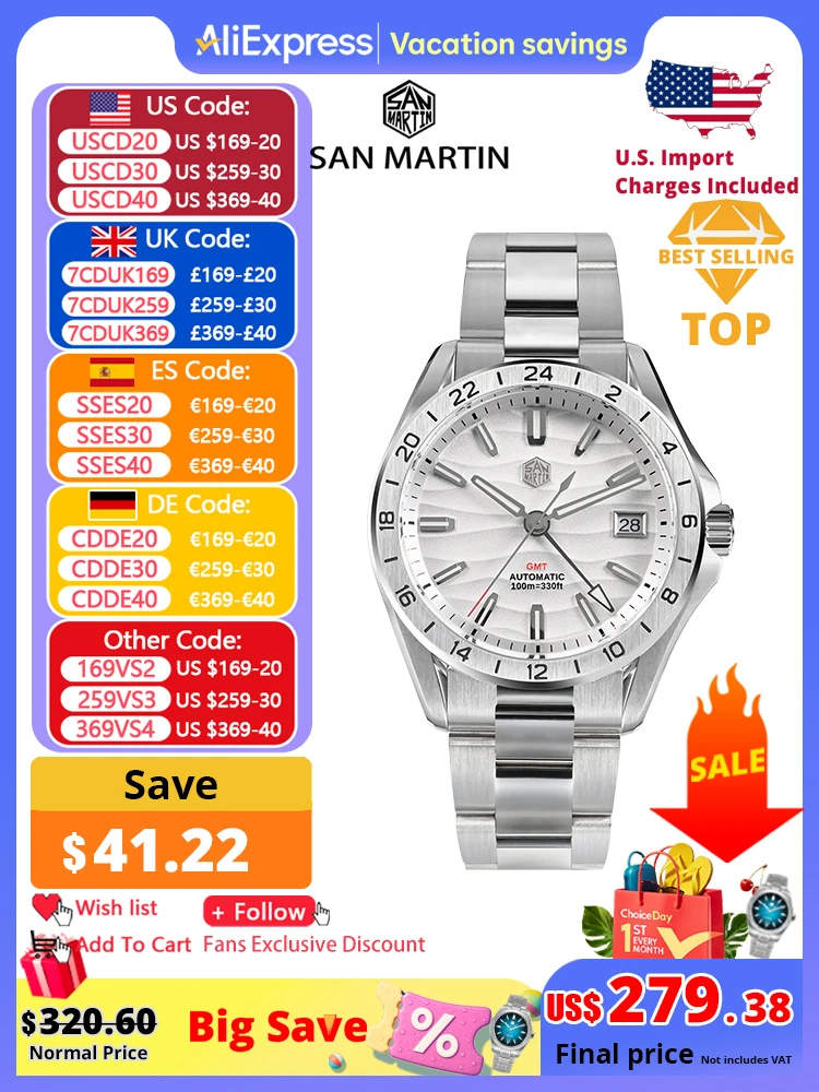San Martin, новинка 39 мм, текстура пустыни, роскошные мужские деловые часы GMT, автоматические механические водонепроницаемые часы 100 м, светящиеся SN0129