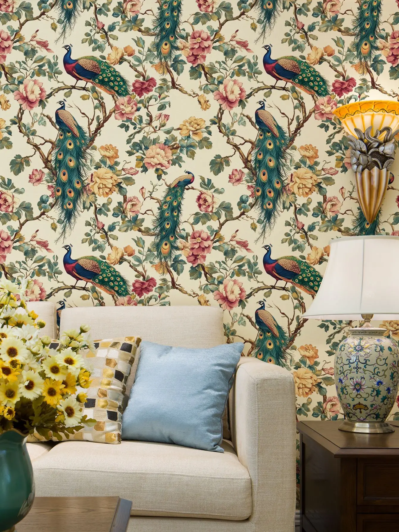 Peacock Wallpaper Peel and Stick Vintage Floral Contact PaperSelf Adhesive Vinyl Wall Covering for Bedroom Entryway Accent Decor