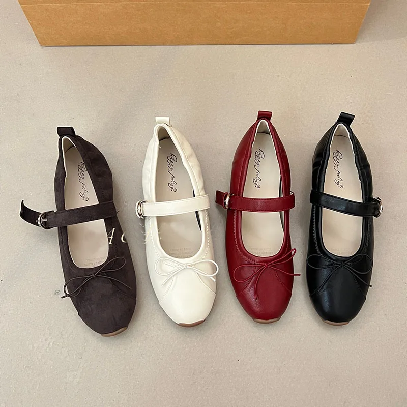 Neue modische Mary Janes Flats mit Schnallenriemen für Damen, runde Zehen, weiche, lässige Damenschuhe mit Schmetterlingsknoten – Detail 1
