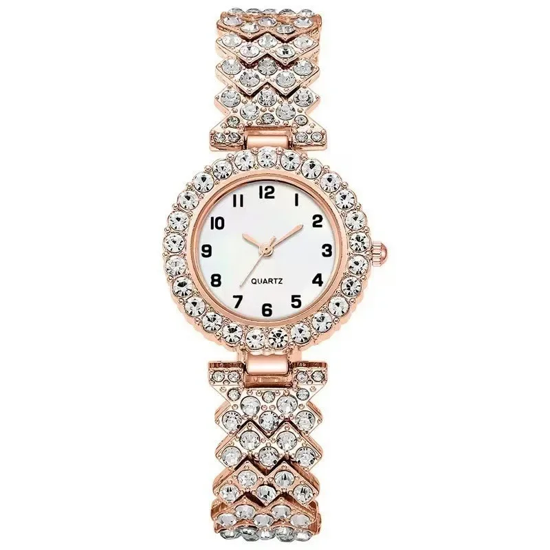 2PCS/Set Rose Gold Women Wristwatch Roman Numeral Dial Rhinestone Quartz Watch Alloy Strap Watch Jewelry Set Gift for Mom