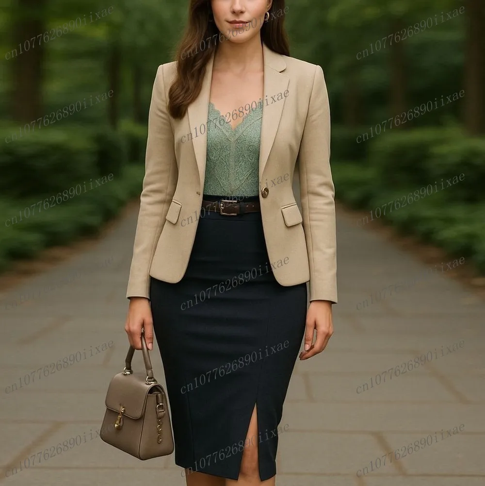 

Бежево-черный женский костюм с юбкой для торжественных случаев, деловых встреч, свадеб, вечеринок, комплект из 2 предметов: пиджак и юбка