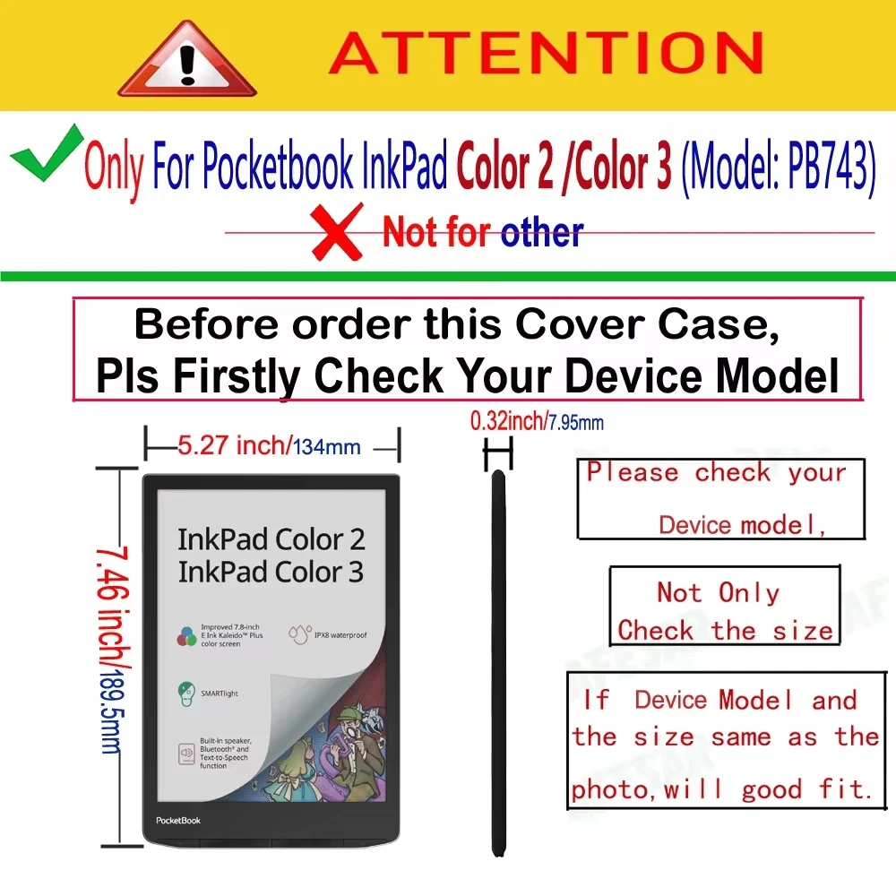 Case for Pocketbook Inkpad Color 2/Color 3 PB743., Light Weight Slim Shockproof Premium Leather with Auto Sleep Smart Case