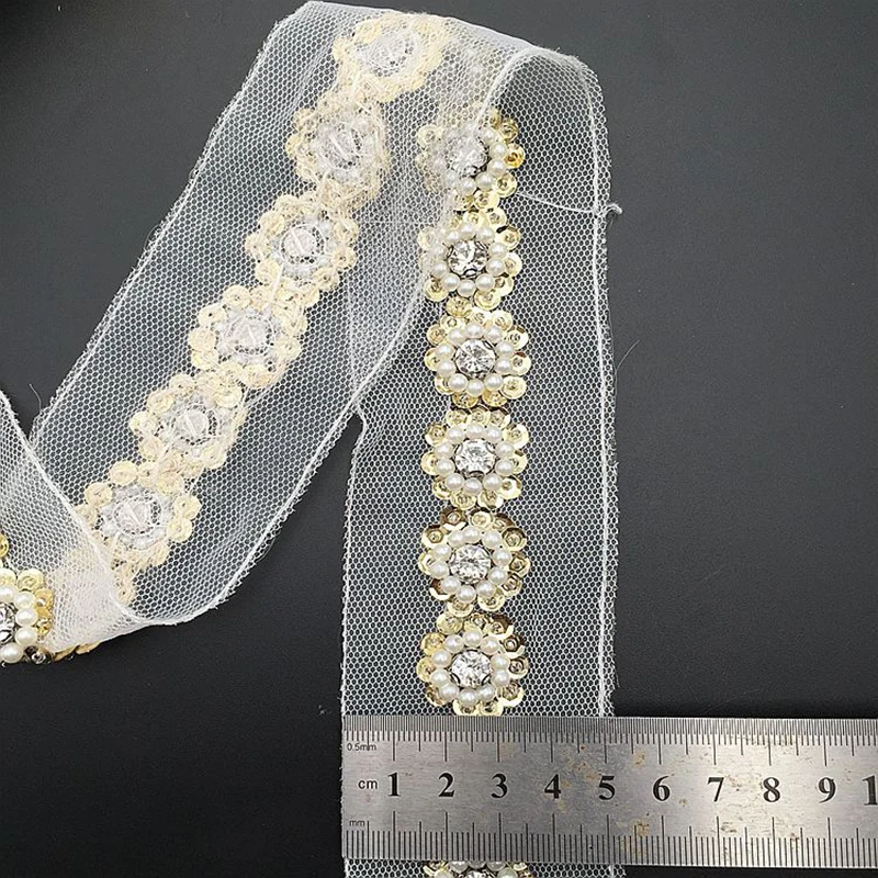 1Yard Pearl Beaded Sequin Lace Trim Mesh Lace Ribbon Fabric DIY Clothes Decoration Wedding Dress Collar Sleeve Lace Applique