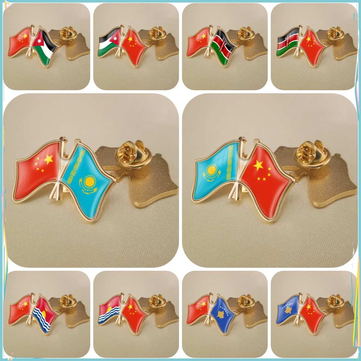 China and Jordan Kazakhstan Kenya Kiribati Kosovo Crossed Double Friendship Flags Lapel Pins Brooch Badges