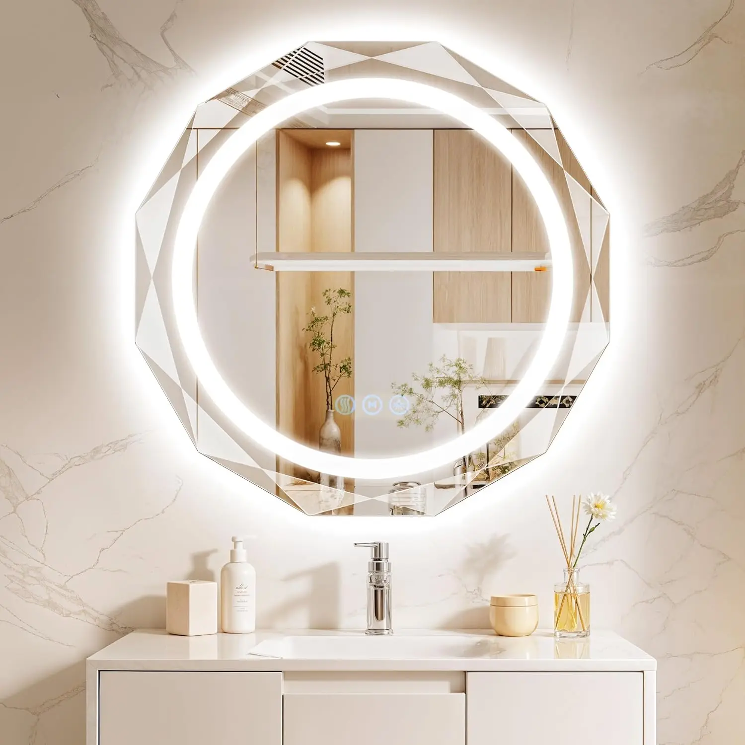 Bathroom Round LED Mirror, Tempered Glass, 3 Colors, Anti-Fog, Dimmable, Memory Function, Shatter-Proof