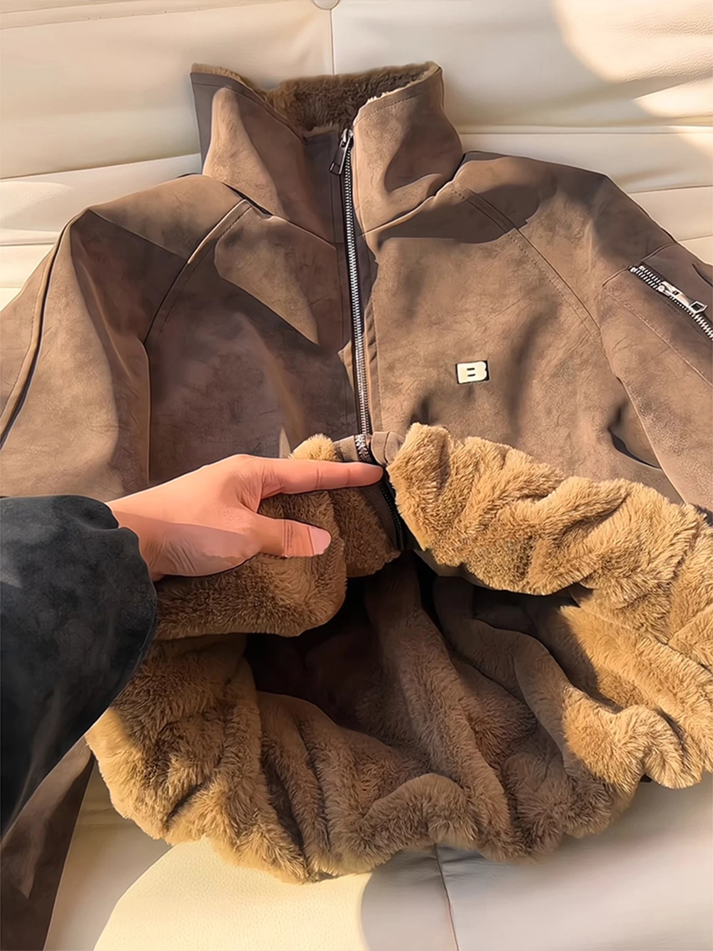 

Retro American Brown PU Leather Cotton Jaet Men Winter Thiened Lamb Velvet Inner Fce ort Flight Jaet Cotton Clothes