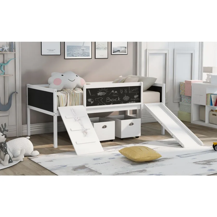 Twin size Loft Bed Wood Bed with Two Storage Boxes - White old sku: LP000075AAK