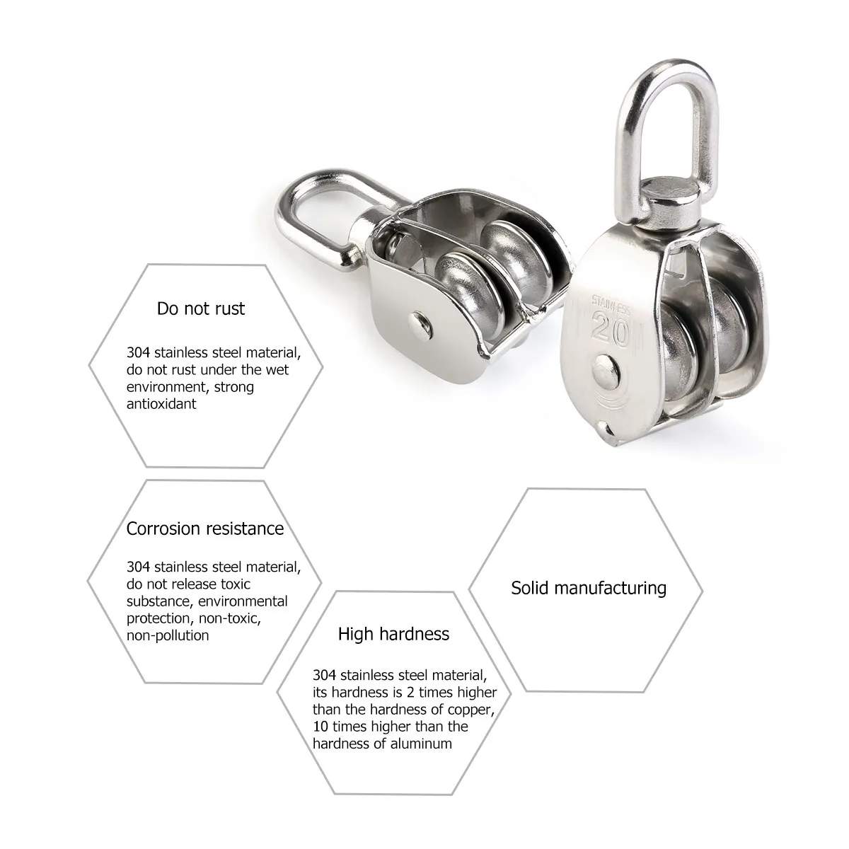Pair of 304 Stainless Steel Double Sheave Swivel Pulley Block for Hoisting Rotating Crane Towing Wire Fitness Boat