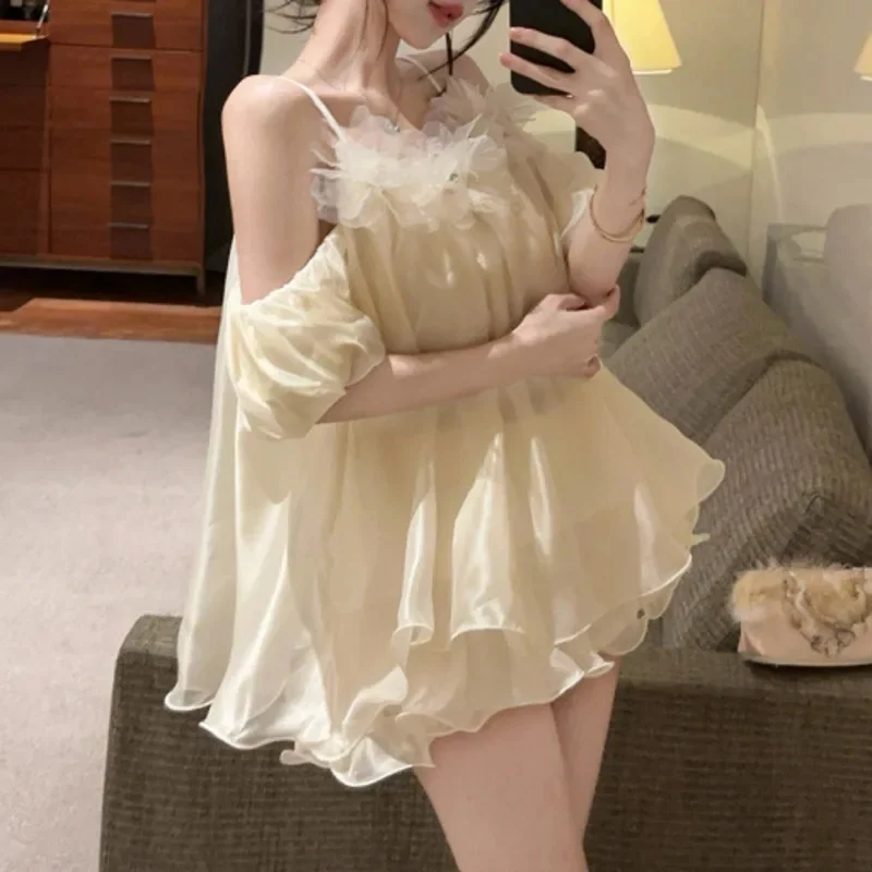 

Korean Pink Dresses A-line Camisole Feminine Sweet Temperament Bubble Sleeves Summer Flower Decoration High-quality Skirt New
