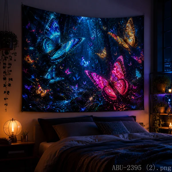 VIKAMA Neon Butterfly Forest Tapestry Colorful Glowing Butterflies Wall Hanging Mystic Fantasy Aesthetic Room Wall Decor