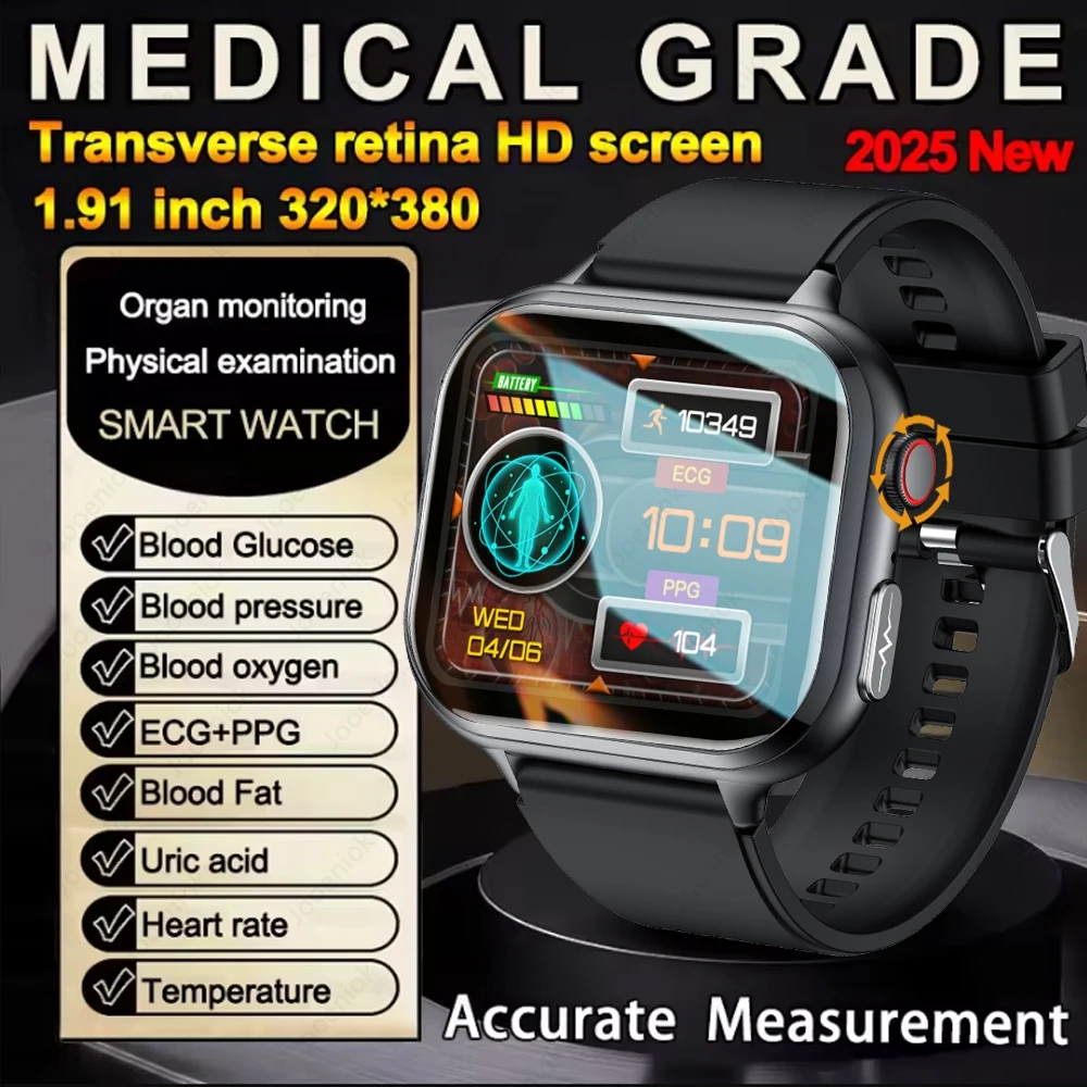 Relojes inteligentes para hombres con ácido úrico de grado médico, ECG + PPG, glucosa en sangre, frecuencia cardíaca, presión arterial, monitoreo de salud
