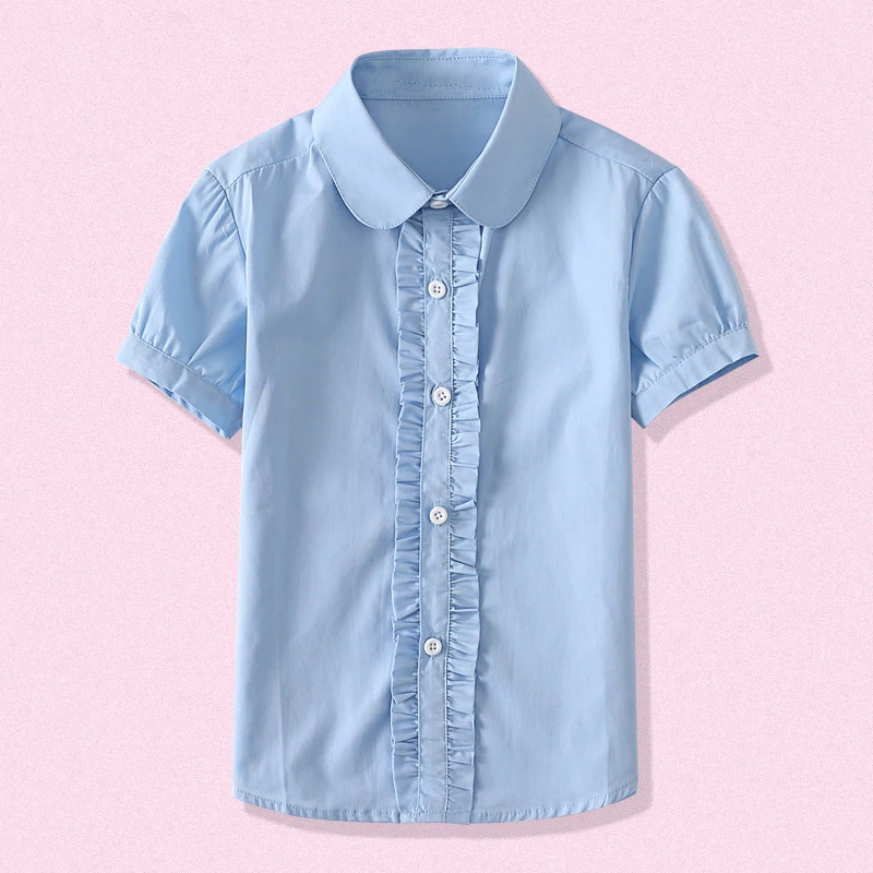 Summer Kids Blue Shirts for Girls School Uniform White Blouses Short Sleeve Preppy Cotton Children Clothing Vestidos 6 8 10 14 Y