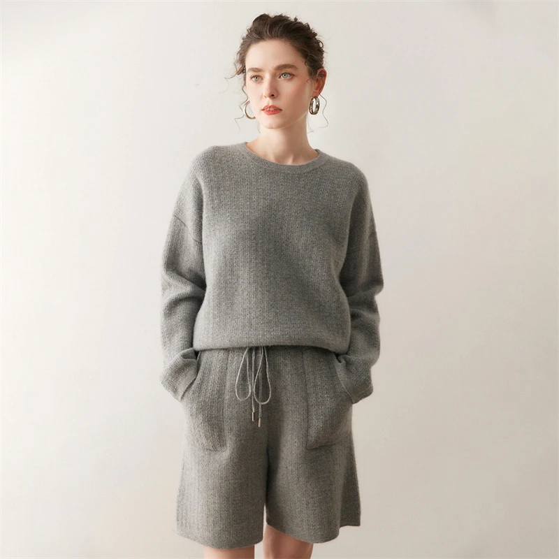 

New Fashion Autumn Winter Women 100% Cashmere Two Pieces Suit Set Contain Warm Soft O-neck Knitted Pullover Sweater & Short Pant
