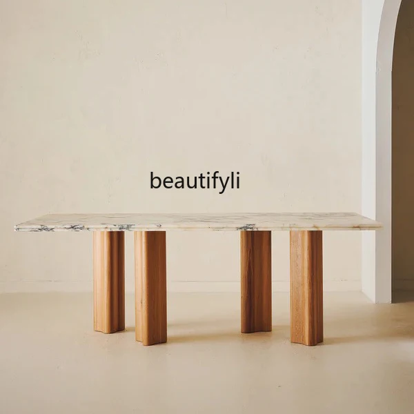 

Oak Solid Wood Legs Natural Marble Luxury Stone Dining Table Rectangular Designer Creativity