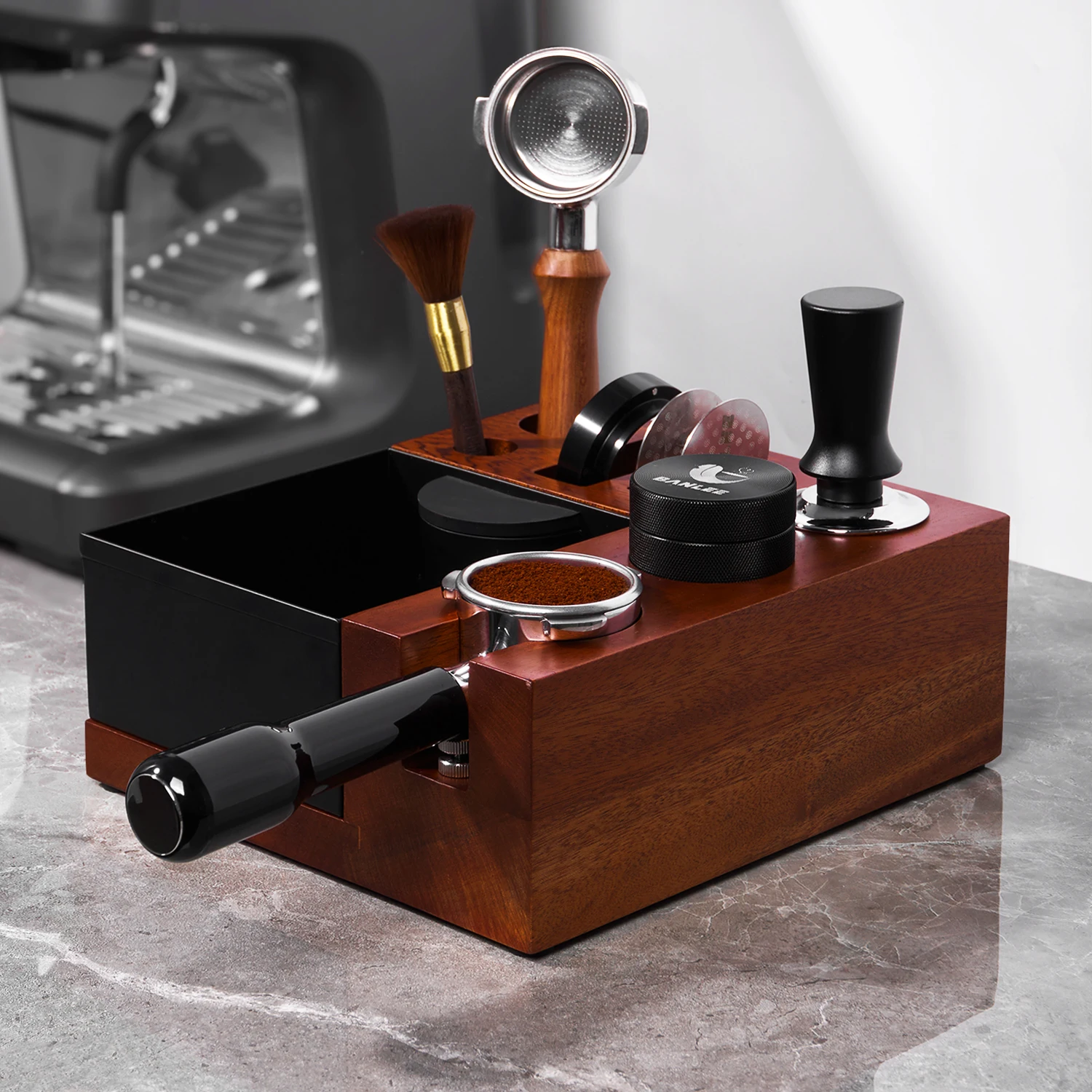 BANLEE Espresso Knock Box Espresso Coffee Tamper Station Organizer Box Fit Storage Tamper Distributor Portafilter & Puck Screen