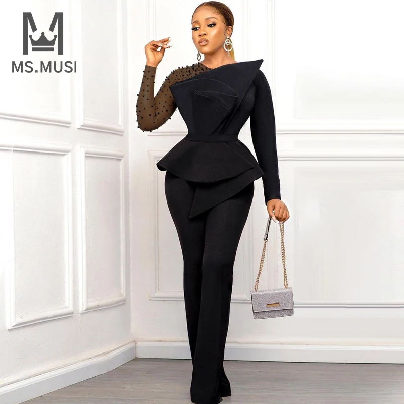 MSMUSI 2023 New Fashion Women Sexy Beading Lace Mesh Falbala Ruffles Long Sleeve Bodycon Party Club Long Pant Lady Slim Jumpsuit