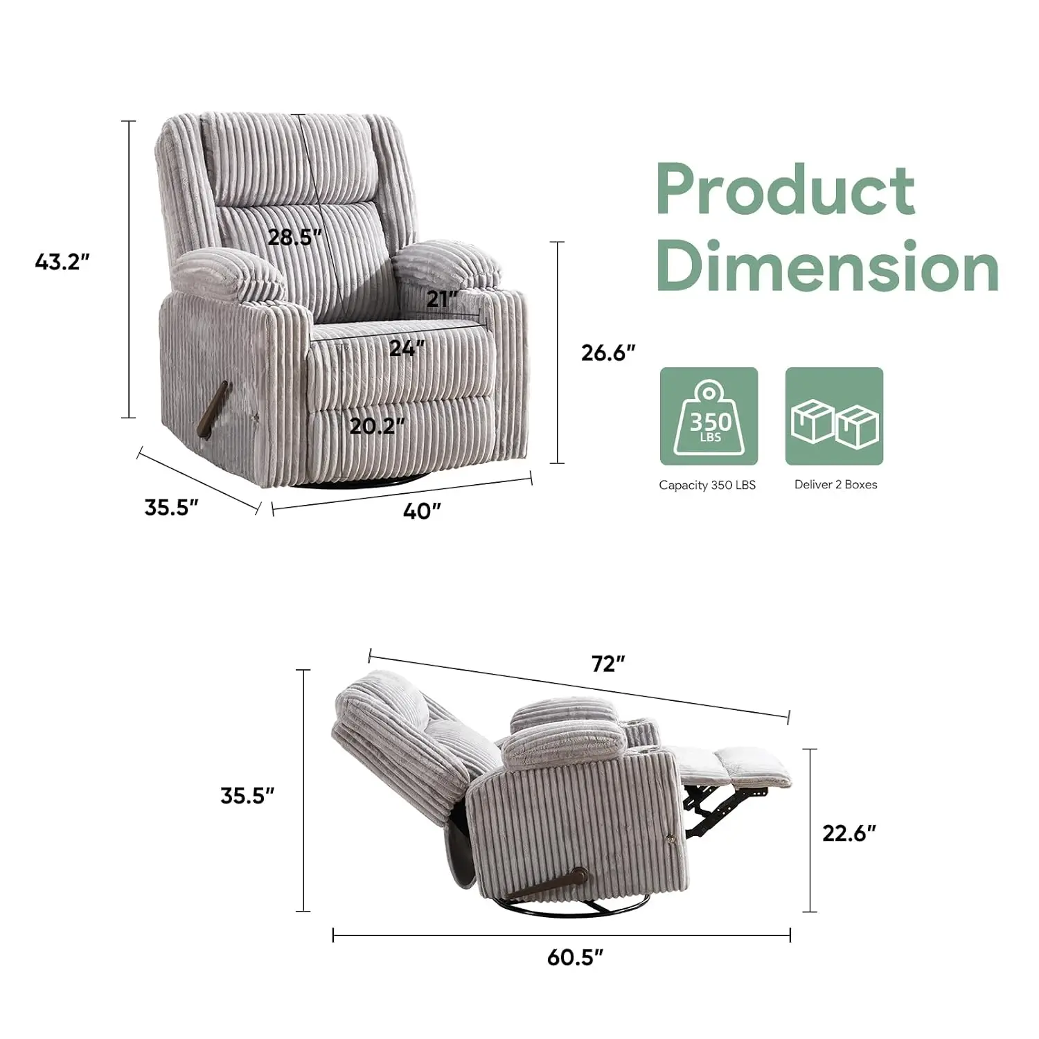 Swivel Rocker Recliner with Adjustable Headrest, Arm Storage, Phone Stand & Side Pockets for Living Room, Light Grey, Customized