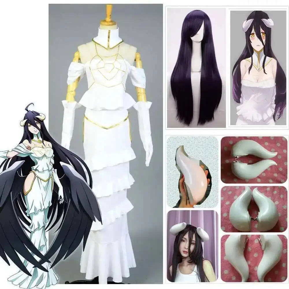 Vestido blanco de Cosplay de Overlord Albedo, vestido Sexy de sirena para mujer, falda de verano, ropa para adultos, disfraz de Cosplay + cuernos + peluca