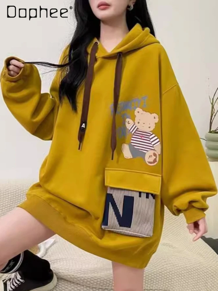 Fashion Cartoon Bear Hooded Sweatshirts for Women Spring Autumn New Korean Style Loose Mid-Length Pullover Hoodie Coat Female