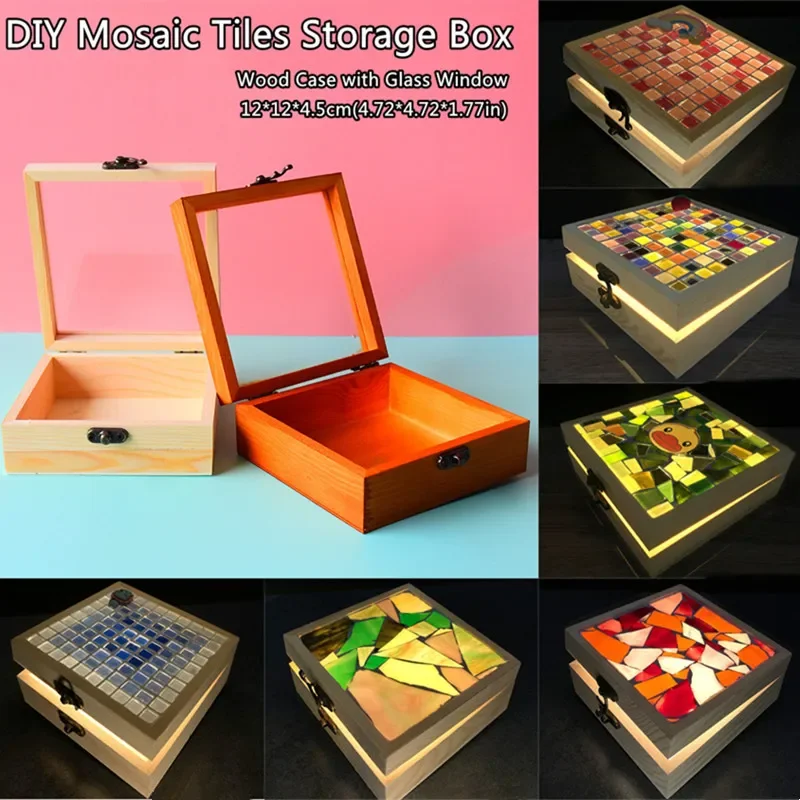 Wood Storage Box with Glass Window Mosaic Tiles Organizer DIY Mosaic Craft Material Jewelry Case Specimen Holder 12*12*4.5cm