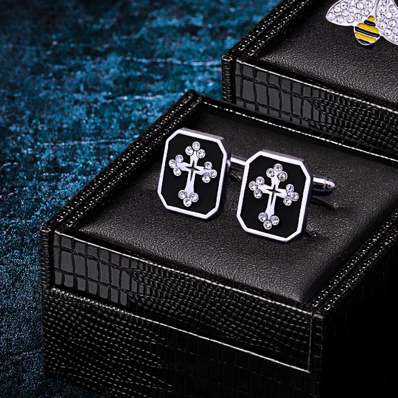 

KFLK Brand Black Cuff links Wholesale Button Crystal High Quality Cross Shirt Cufflinks for Mens Guests