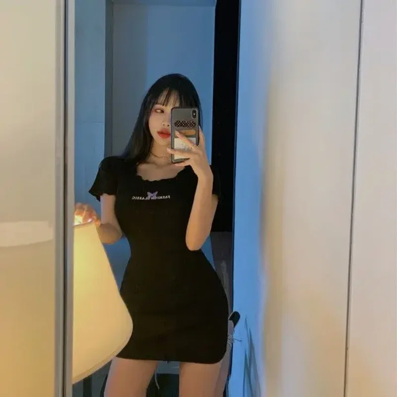 Summer Women Dress Thin Elastic Short Sleeved Letter Dresses Slim Elegant Korean Fashion Bodycon T Shirt Dress