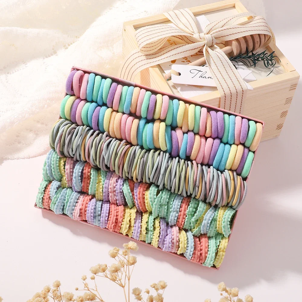 300 Stück elastische Haargummis aus Nylon in Macaron-Farbe für Mädchen, geflochtene Pferdeschwanzhalter, Kinder-Haar-Accessoires-Set