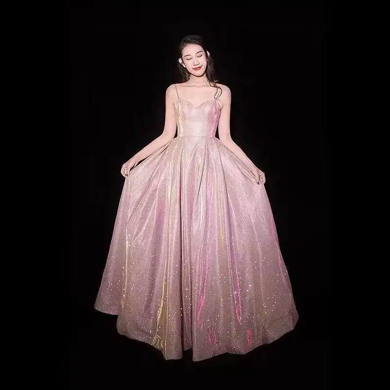 Elegant Glitter Banquet Dresses Women Fashion Spaghetti Straps Slimming Starry Sky Evening Party Dress Sexy Gown Prom Dress