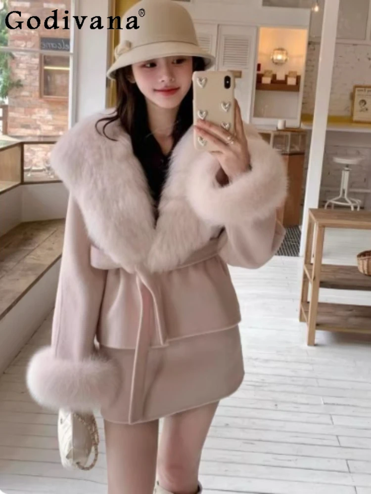 

Зимняя элегантная шерстяная куртка с бантом на шнуровке и длинными рукавами, универсальная возрастная юбка с высокой талией, корейские комплекты