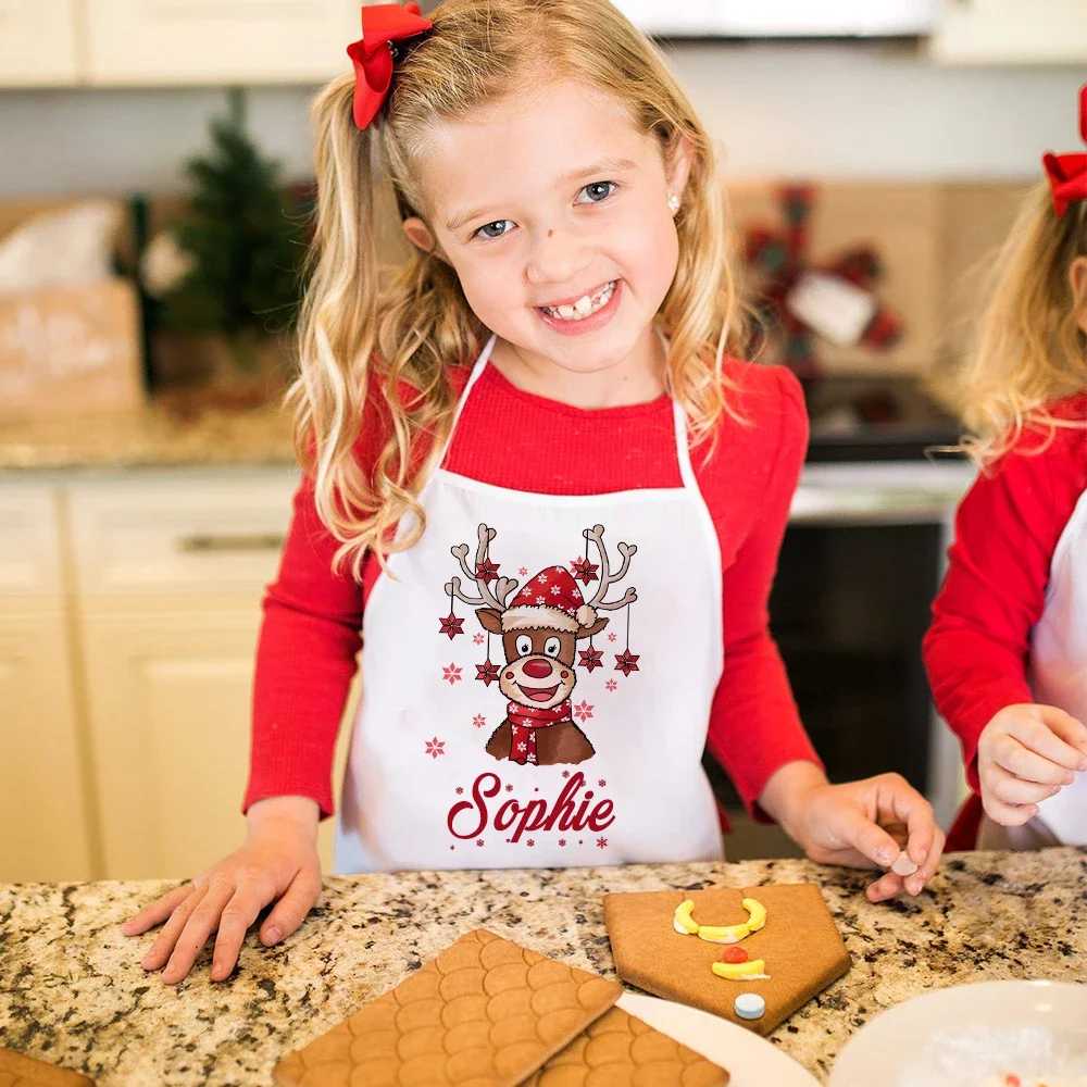 Personalised Christmas Deer Apron Kids Cooking Baking Apron Personalized Custom Name Children Apron Best Xmas Gifts for Child