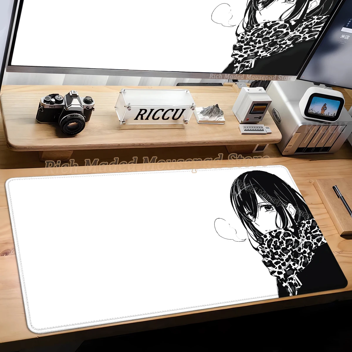Zwart-wit Anime Girl Tafelmat Grote Muismat Kantoortoetsenbord Vergrendelingsrand Bureaumat Gaming Accessoires Antislip Muismat