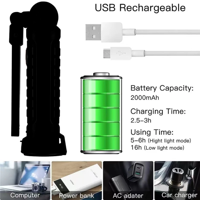 Portable COB LED Flashlight USB Rechargeable Work Light Magnetic Lantern Hanging Lamp with Built-in Battery Camping Torch