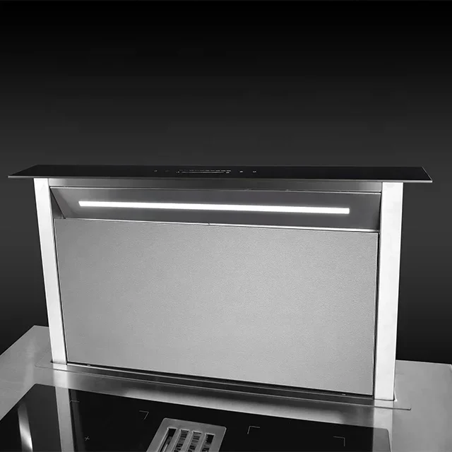 Downdraft slide out glass and stainless steel range hood