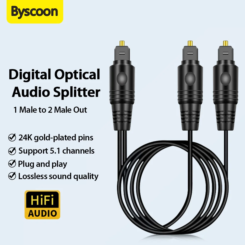 Digital Optical Audio Splitter 1 in 2 Out Toslink Fiber Optic 1 Male to 2 Male Cable for Home Theater Stereo System