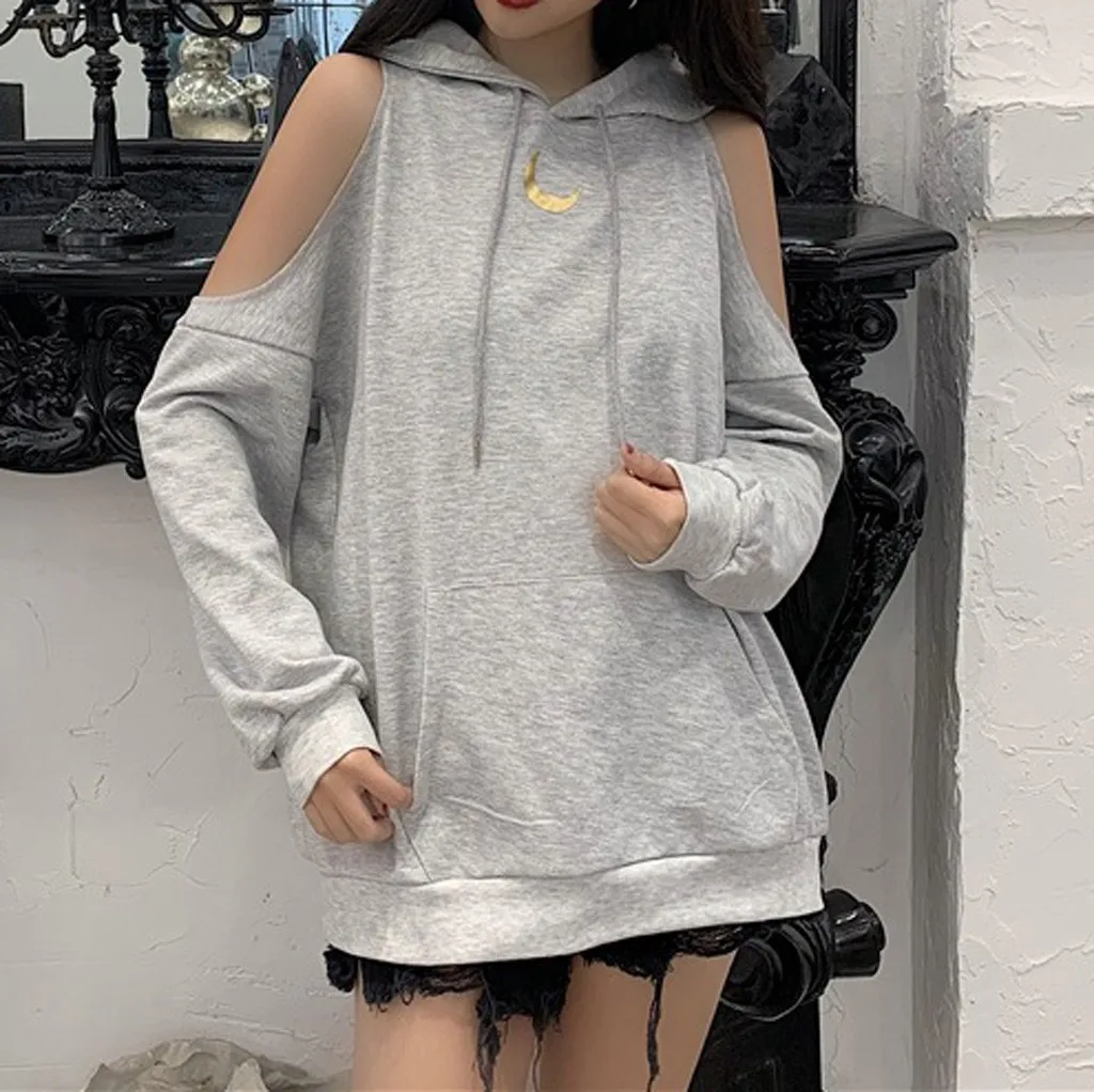 Y2k Womens Moon Print Hoodie Long Sleeve Pullover Off Shoulder Tops Blouse Korean Oversize Sweatshirt Sudadera Свитшот