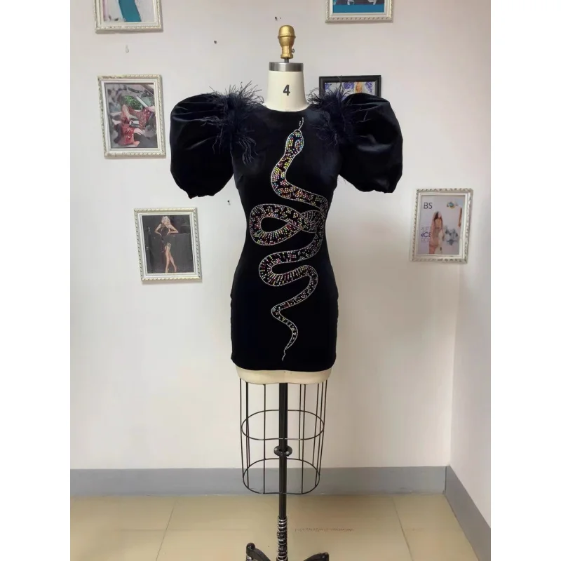

New Arrival Women's Dress: Black Velvet Round Neck Short Sleeve Feather Embellished Snake Print Diamond Bodycon Fashion Dress
