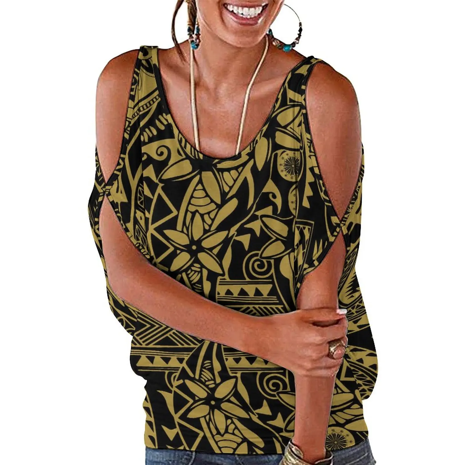 

Wholesale Custom Pacific Island Summer Women'S Top Off-The-Shoulder Design Sexy Casual Short Sleeve Custom Polynesian Print