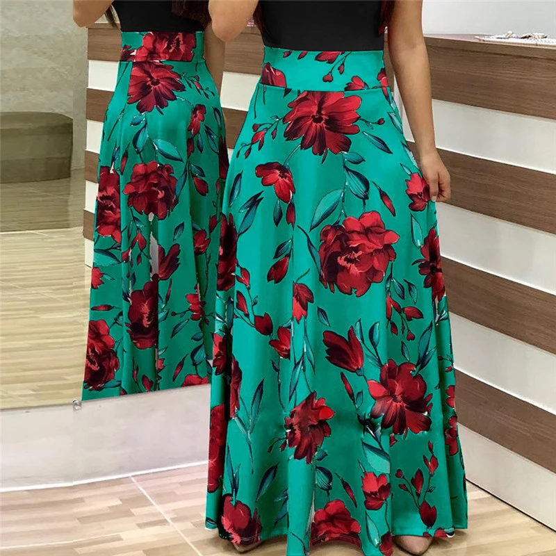 Vestido longo floral listrado feminino, estampa com ponto, emenda, manga curta, vintage, cintura alta, verão, festa na praia, saia diária, 7 cores, S-5XL