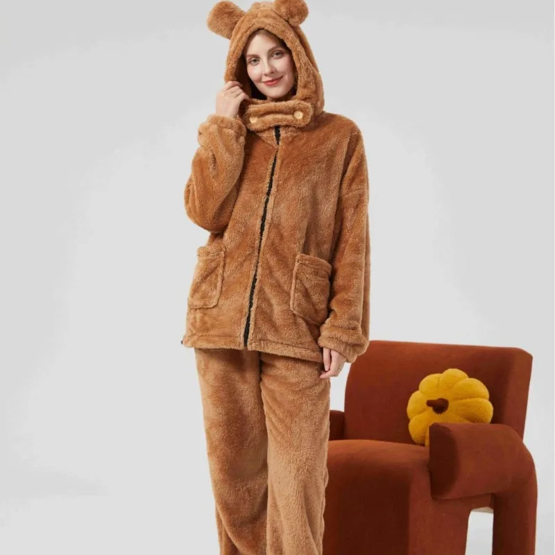 

Autumn and Winter Little Bear Stand Up Collar Hooded Pajamas Women'sPlush Women's Set PajamasCan BeWorn AsOuterwear Home Clothes