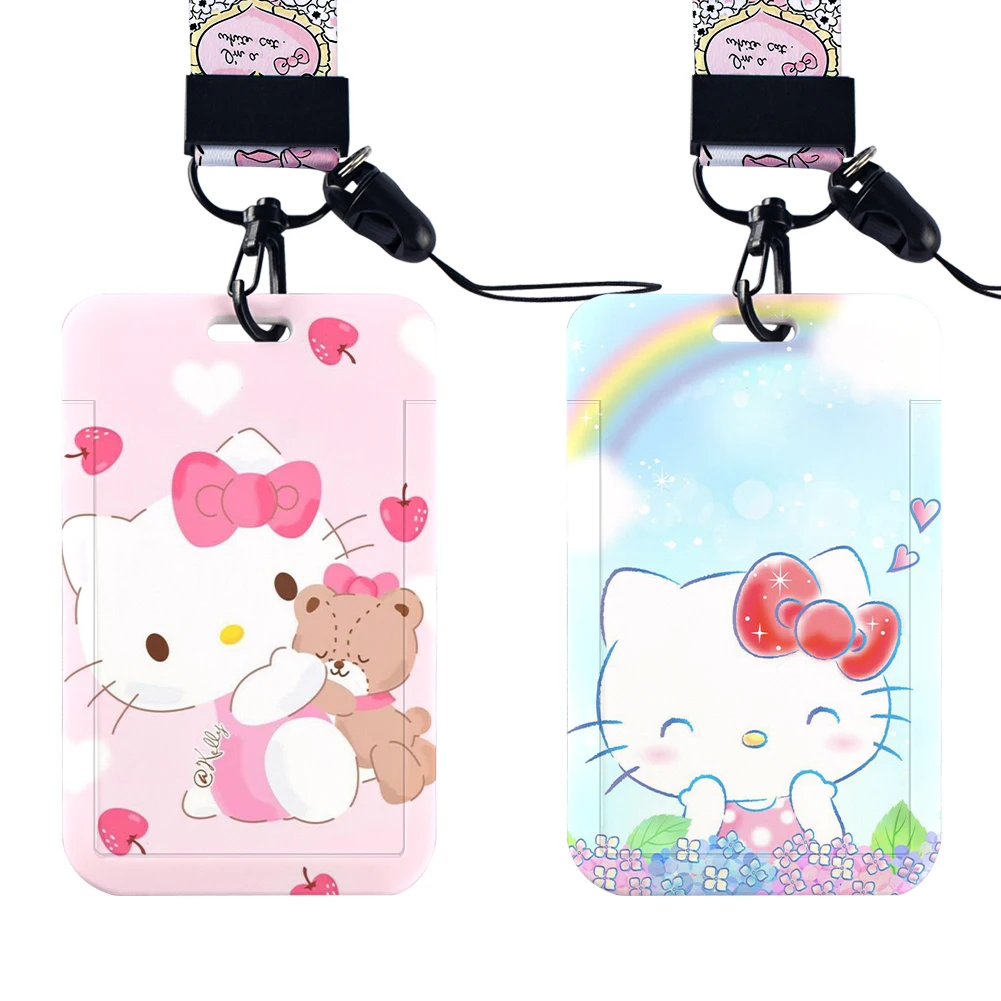 

W Hello Kitty PVC Card Holder Documents Protective Case Student Campus Lanyard ID Hanging Neck Rope Anti-lost