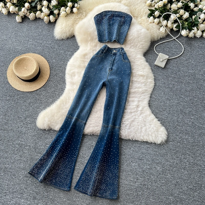 

Fashion Rhinestone Set Women's Summer Retro Versatile Sleeveless Strapless Vest+high Waisted Denim Trumpet Pants