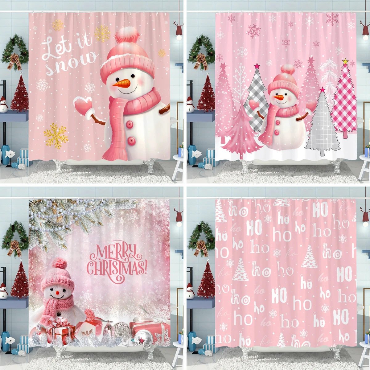 

Pink Christmas Shower Curtain Snowman Christmas Tree New Year Gift Polyester Fabric Home Bath Curtains Bathroom Decor With Hooks