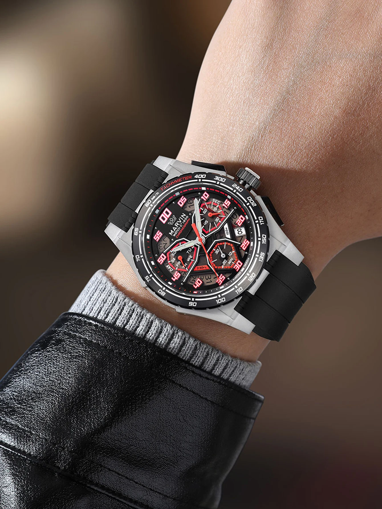 Swiss Chronograph Mens Casual Watches Waterproof with White Dial and Black Rubber Strap M023.15.49.94