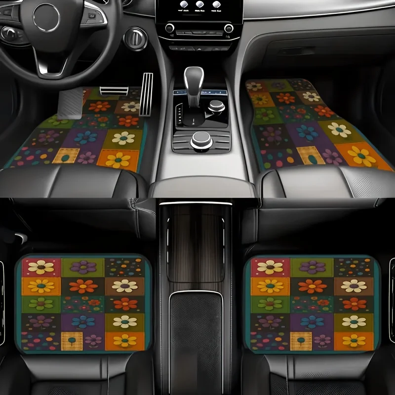 4pcs Car Floor Mat Set - Creative Pattern - Patchwork Style Pattern Car Floor Mat Set, Easy To Clean, Pet-Friendly Car Accessori