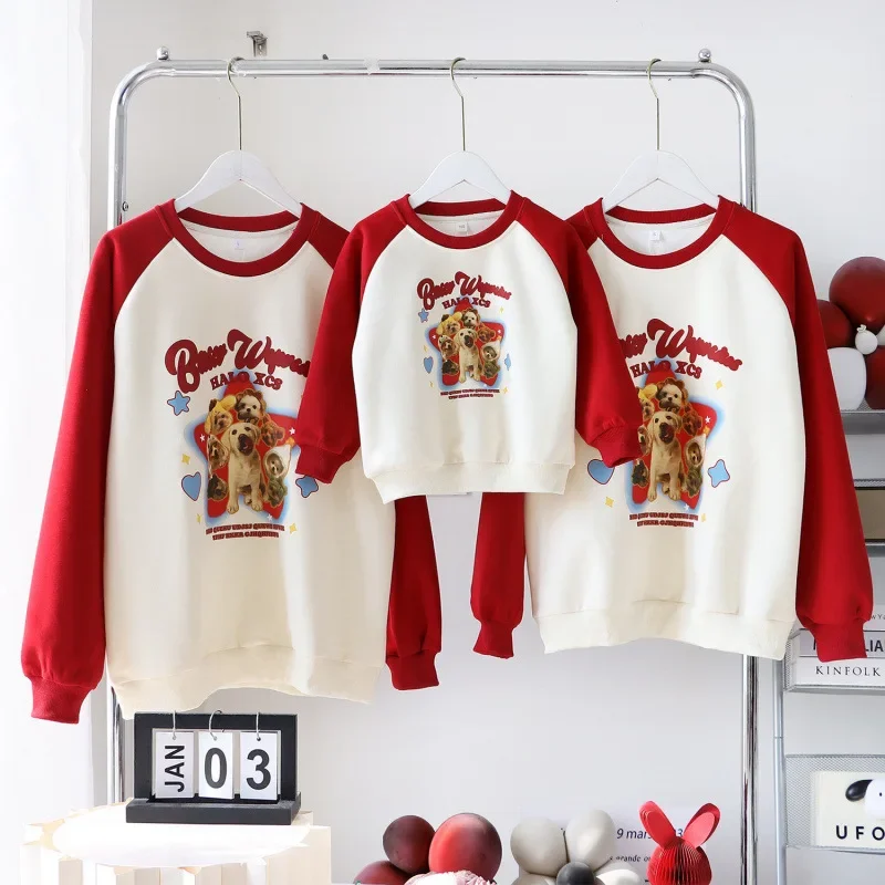 Family Christmas Sweatshirts Dog Print Parent-child Matching New Year Clothes Mother Father and Son Daughter Tops Baby Bodysuit