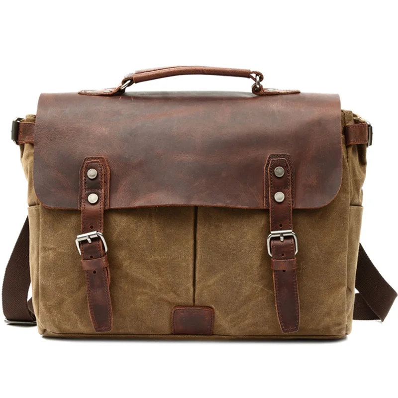 Vintage Men Briefcase Business Messenger Bag Waxed Canvas Office Crossbody Shoulder Bag with Genuine Leather Trims