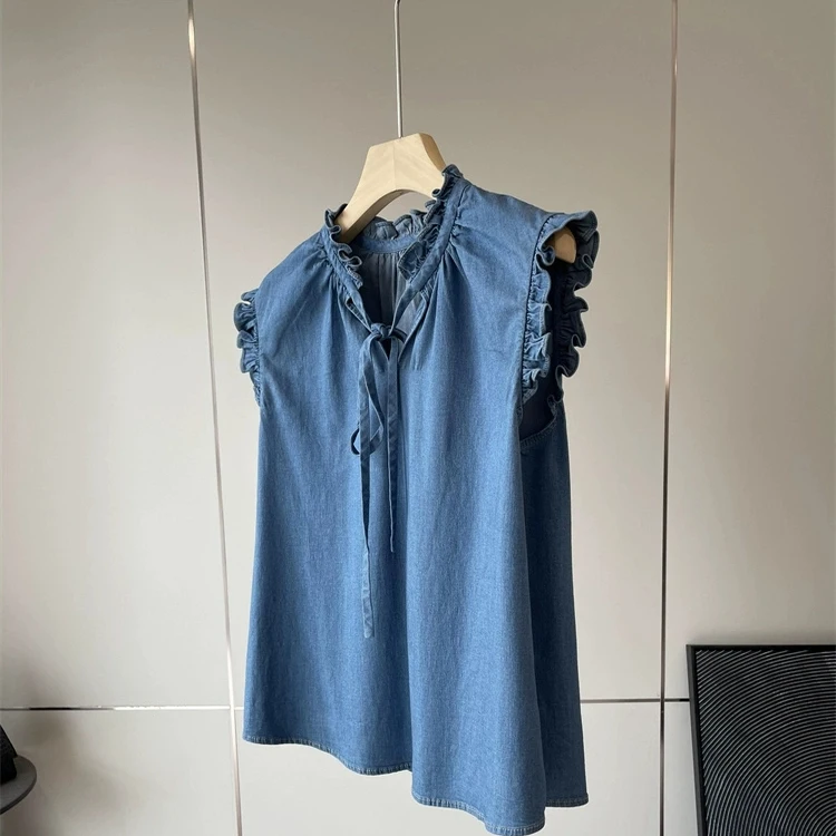 

Экологичный джинсовый топ без рукавов с V-образным вырезом, оборками и поясом, женский летний комплект из рубашки и юбки, 100% хлопок